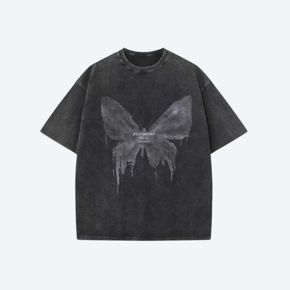 Y2K Grunge Distressed Butterfly Graphic Tee - Cute Oversized Style