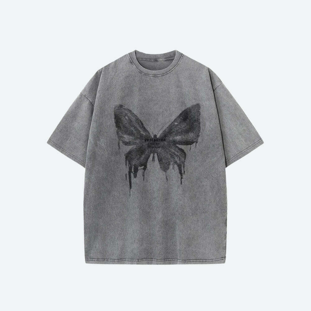 Y2K Grunge Distressed Butterfly Graphic Tee - Cute Oversized Style