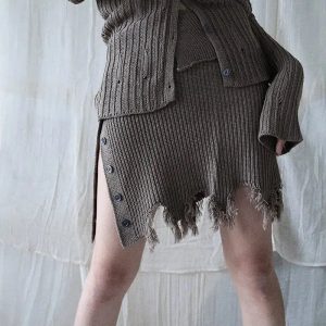 Y2K Grunge Distressed Cardigan & Mini Skirt Set - Coquette Aesthetic Outfit