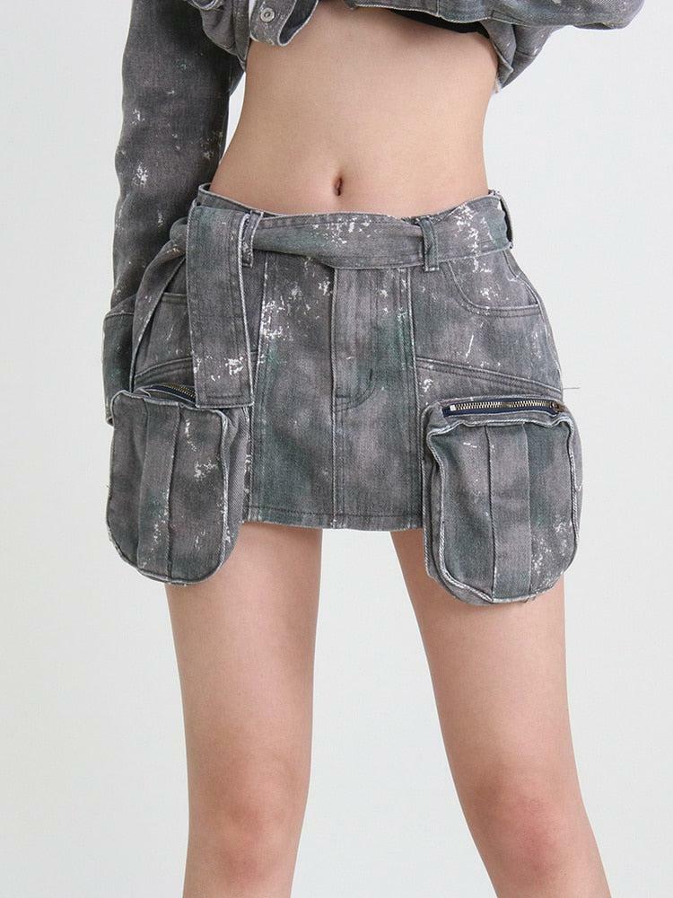 Y2K Grunge Distressed Cargo Denim Mini Skirt for Coquette Aesthetic