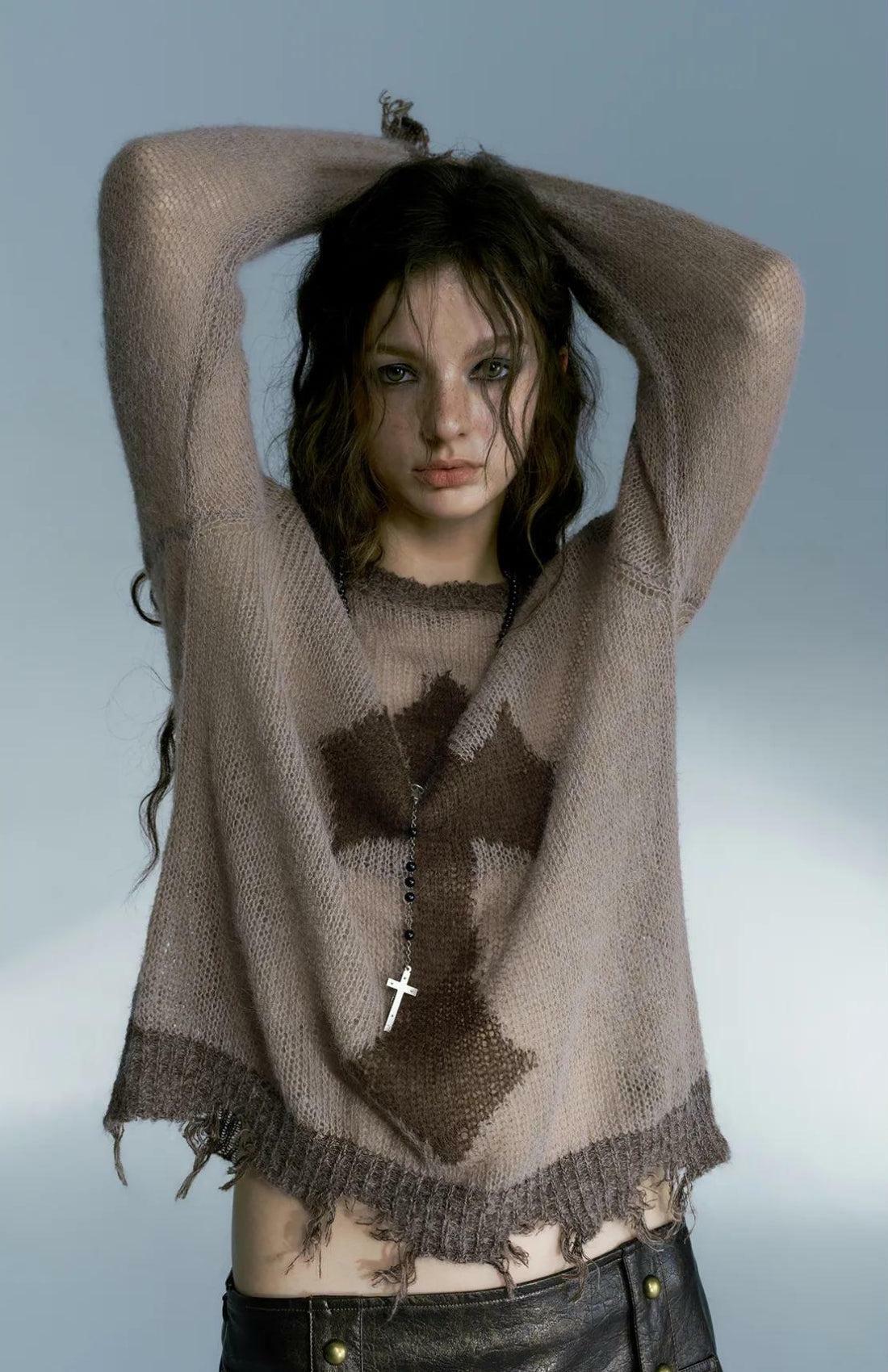 Y2K Grunge Distressed Cross Oversized Sweater - Coquette Aesthetic Top