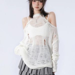 Y2K Grunge Distressed Cut-Out Oversized Sweater for Coquette Aesthetic