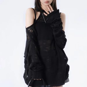 Y2K Grunge Distressed Cut-Out Oversized Sweater for Coquette Aesthetic