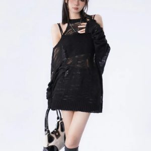 Y2K Grunge Distressed Cut-Out Oversized Sweater for Coquette Aesthetic