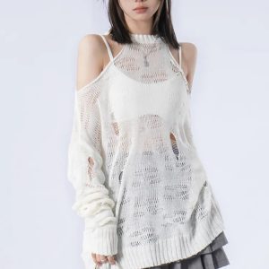 Y2K Grunge Distressed Cut-Out Oversized Sweater for Coquette Aesthetic