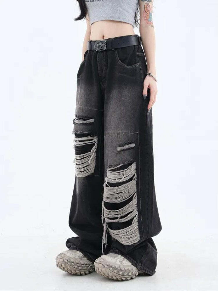 Y2K Grunge Distressed Dark Wash Jeans for Coquette and Emo Aesthetics