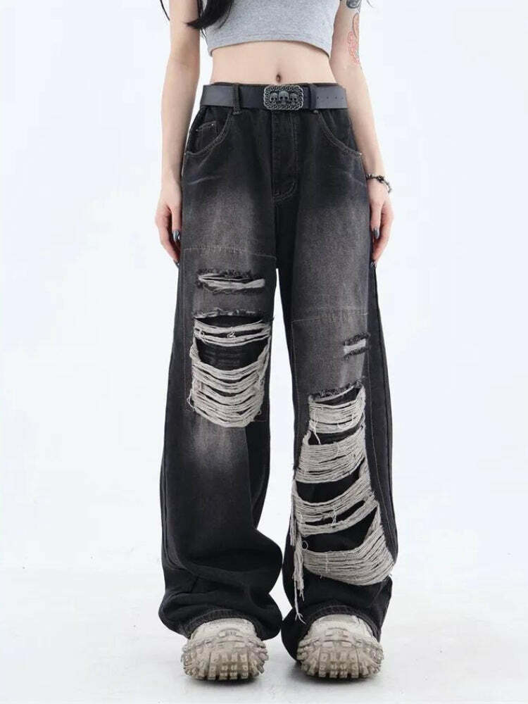 Y2K Grunge Distressed Dark Wash Jeans for Coquette and Emo Aesthetics