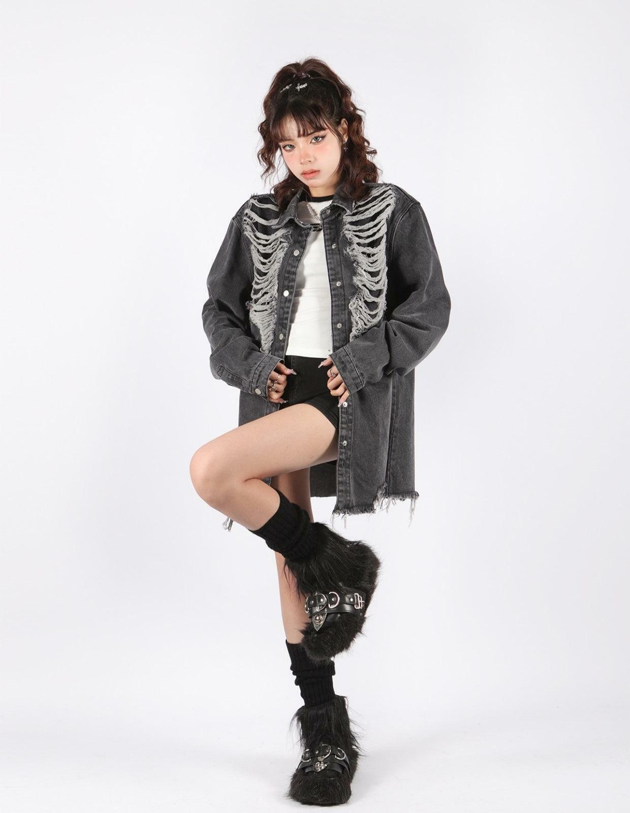 Y2K Grunge Distressed Oversized Denim Jacket for Coquette Aesthetic