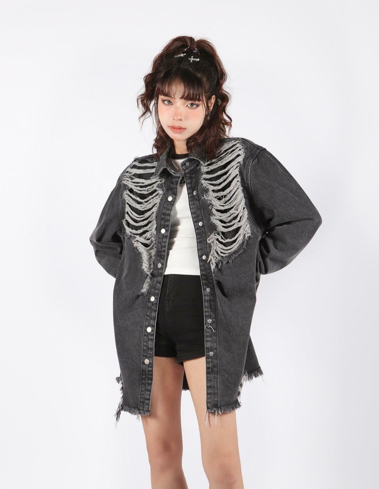 Y2K Grunge Distressed Oversized Denim Jacket for Coquette Aesthetic