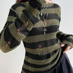 Y2K Grunge Distressed Striped Oversized Sweater for Coquette Aesthetic