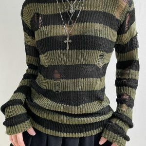 Y2K Grunge Distressed Striped Oversized Sweater for Coquette Aesthetic