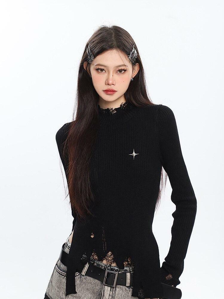 Y2K Grunge Distressed Turtleneck Sweater for Coquette Aesthetic Style