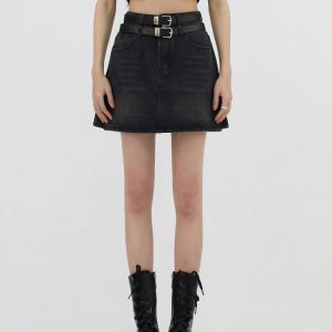 Y2K Grunge Double Belt Loop Denim Mini Skirt - Coquette Aesthetic Style