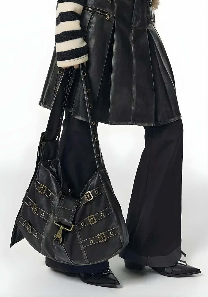 Y2K Grunge Faux Leather Belted Bag for Coquette and Emo Aesthetic