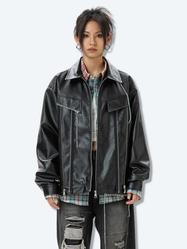 Y2K Grunge Faux Leather Jacket - Coquette Aesthetic Oversized Style