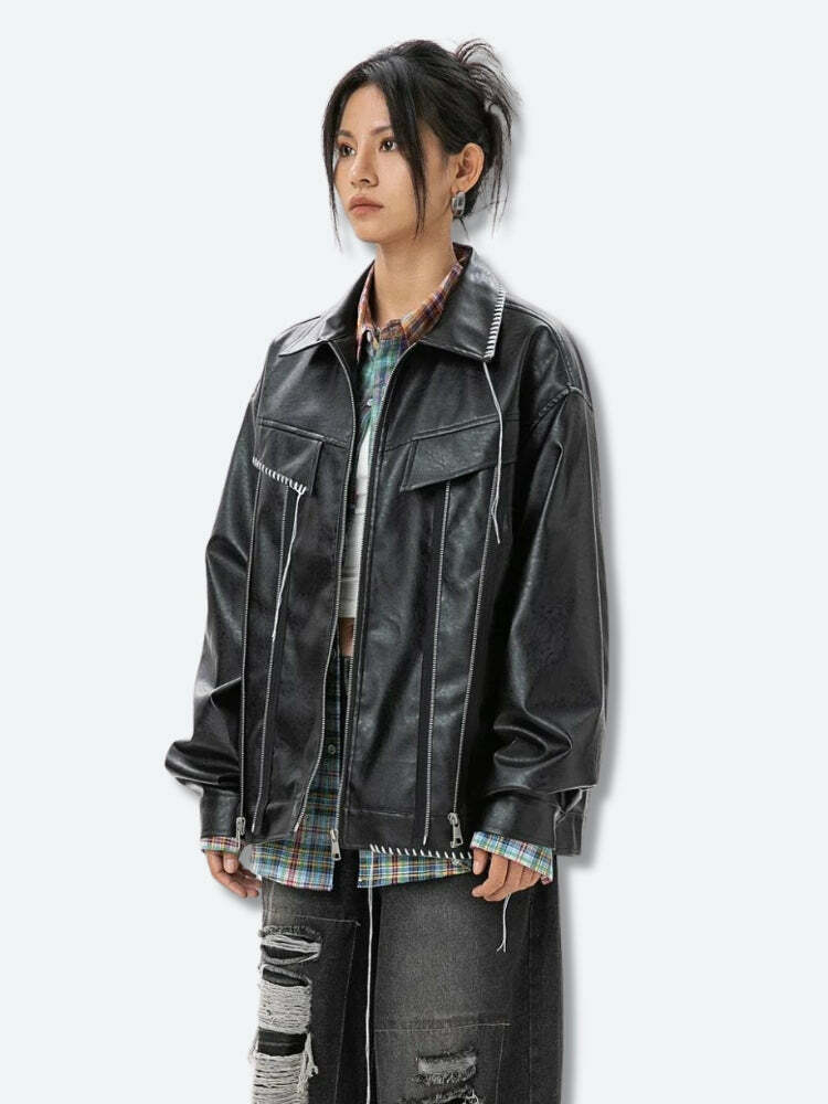 Y2K Grunge Faux Leather Jacket - Coquette Aesthetic Oversized Style