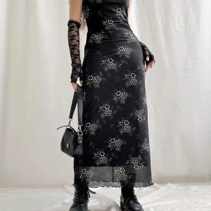 Y2K Grunge Floral Mesh Midi Dress - Coquette Aesthetic Fashion Outfit