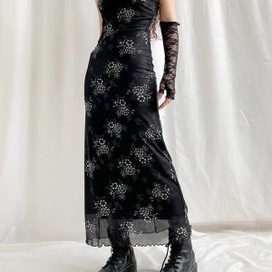 Y2K Grunge Floral Mesh Midi Dress - Coquette Aesthetic Fashion Outfit