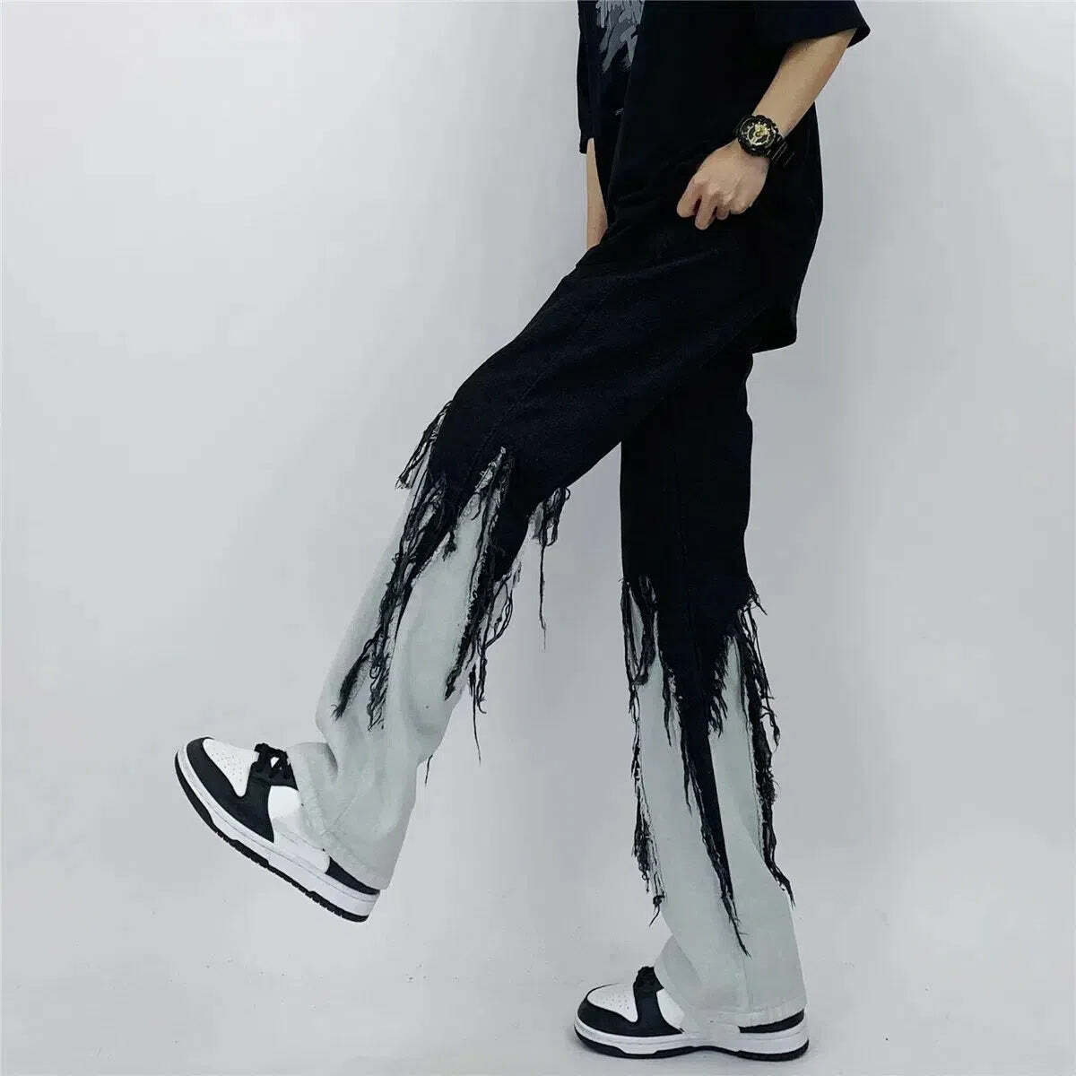 Y2K Grunge Fringed Straight Leg Jeans for Coquette and Emo Aesthetics