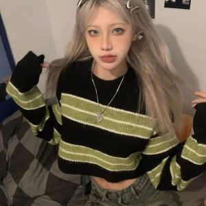 Y2K Grunge Green Striped Crop Sweater - Coquette Aesthetic Top