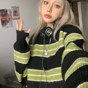 Y2K Grunge Green Striped Crop Sweater - Coquette Aesthetic Top