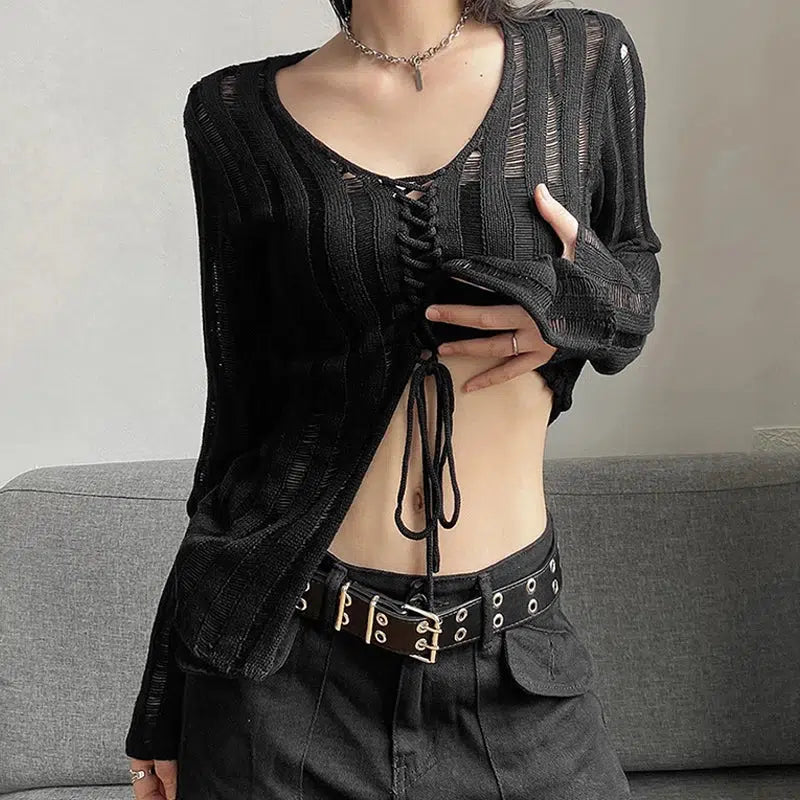 Y2K Grunge Lace-Up Knitted Top | Dark Coquette Aesthetic Fashion