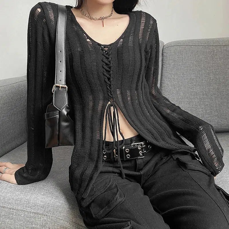 Y2K Grunge Lace-Up Knitted Top | Dark Coquette Aesthetic Fashion