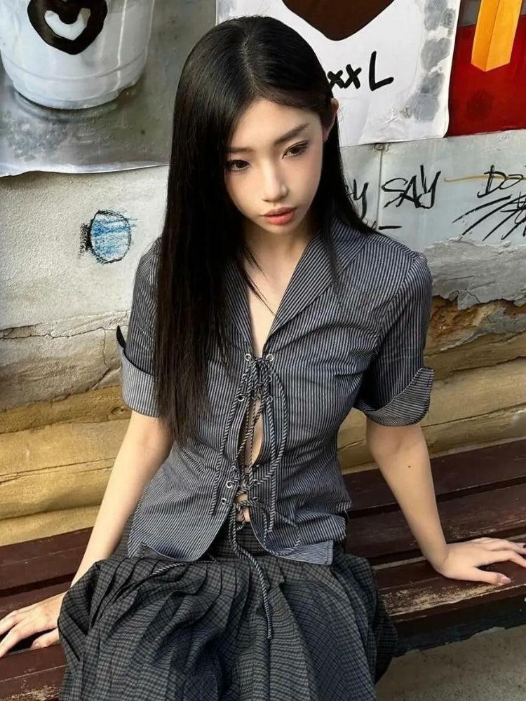 Y2K Grunge Lace-Up Shirt - Dark Coquette Aesthetic Oversized Style