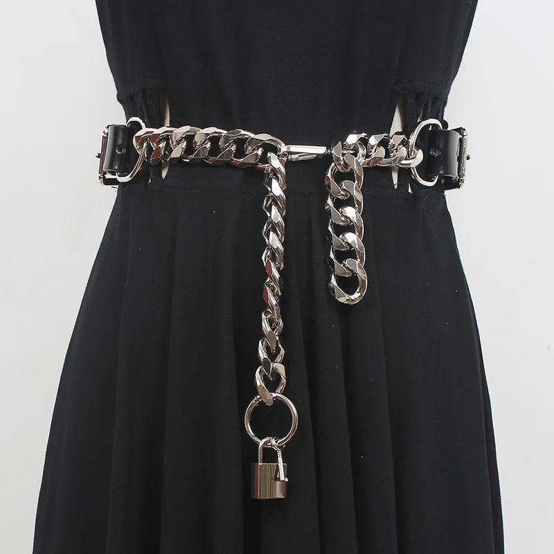 Y2K Grunge Lock Faux Leather Chain Belt for Coquette and Emo Styles