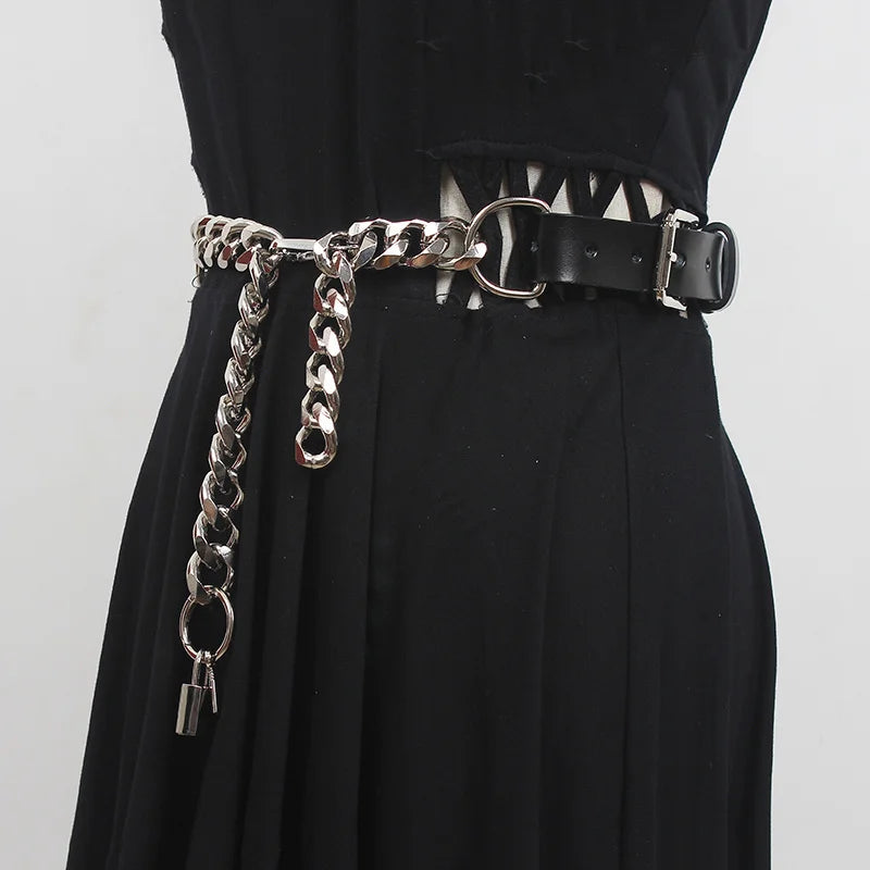 Y2K Grunge Lock Faux Leather Chain Belt for Coquette and Emo Styles