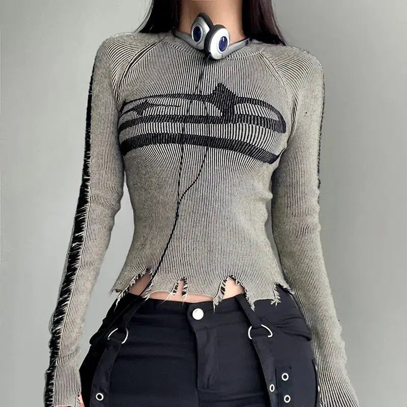 Y2K Grunge Long Sleeve Distressed Top - Emo & Coquette Aesthetic Style