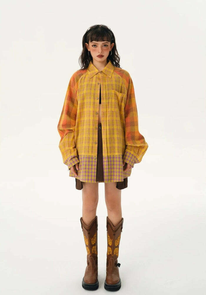 Y2K Grunge Multi-Pattern Plaid Shirt - Coquette Aesthetic Oversized Style