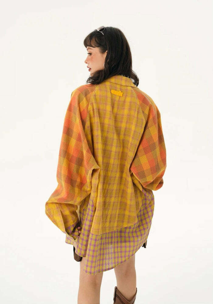 Y2K Grunge Multi-Pattern Plaid Shirt - Coquette Aesthetic Oversized Style