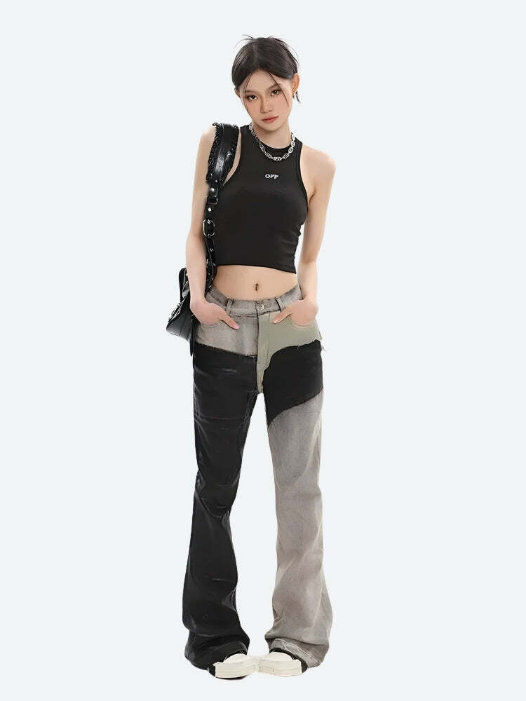 Y2K Grunge Patchwork Flare Pants - Coquette Aesthetic & Emo Style