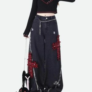 Y2K Grunge Plaid Patchwork Jeans for Coquette and Emo Aesthetic Styles