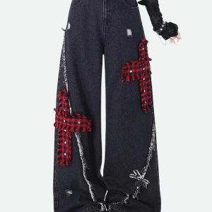 Y2K Grunge Plaid Patchwork Jeans for Coquette and Emo Aesthetic Styles