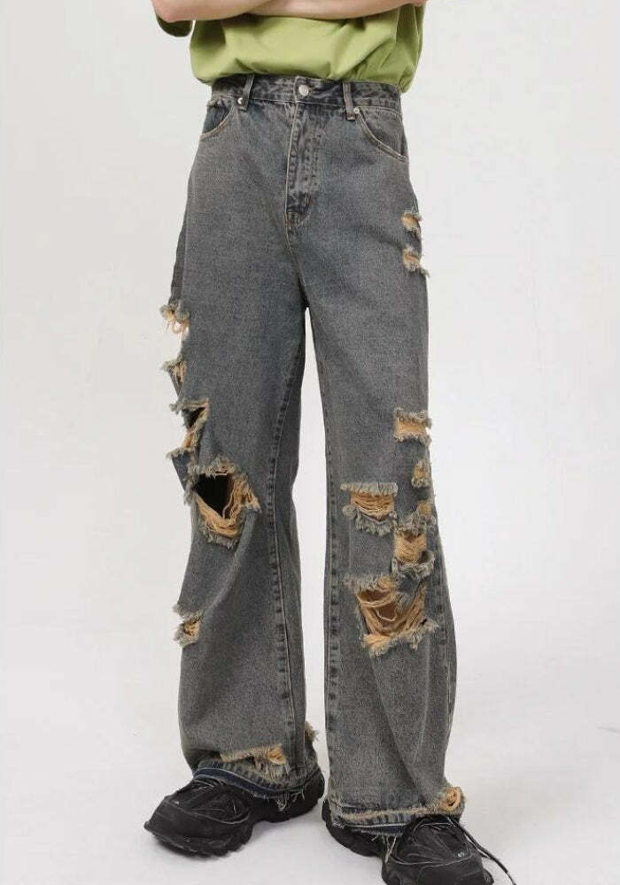 Y2K Grunge Ripped Straight Leg Jeans for Emo and Coquette Aesthetic