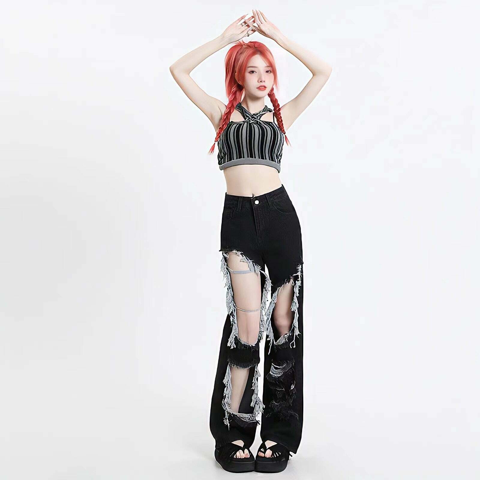 Y2K Grunge Ripped Wide Leg Jeans for Coquette and Emo Aesthetic Styles