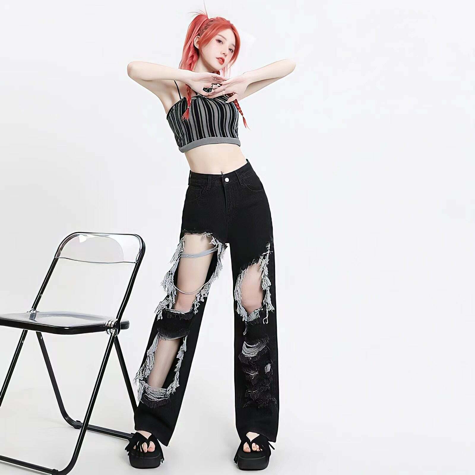 Y2K Grunge Ripped Wide Leg Jeans for Coquette and Emo Aesthetic Styles