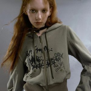 Y2K Grunge Ruched Sleeve Hoodie - Coquette Aesthetic Oversized Style