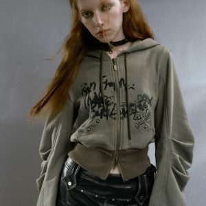 Y2K Grunge Ruched Sleeve Hoodie - Coquette Aesthetic Oversized Style