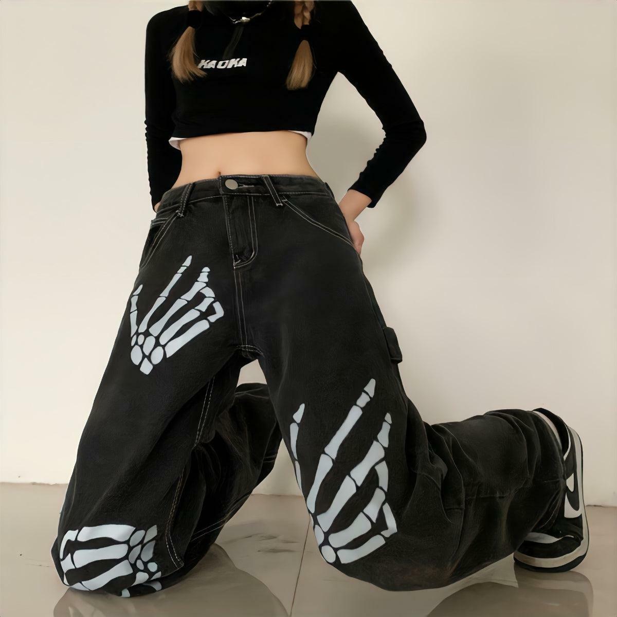 Y2K Grunge Skeleton Hand Printed Jeans for Emo and Coquette Aesthetic