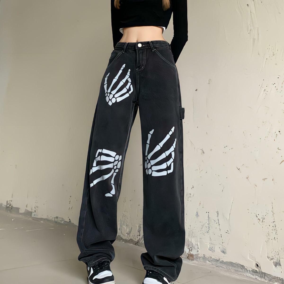 Y2K Grunge Skeleton Hand Printed Jeans for Emo and Coquette Aesthetic