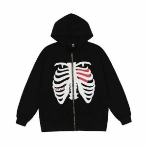 Y2K Grunge Skull Hoodie - Dark Coquette Aesthetic Oversized Sweatshirt