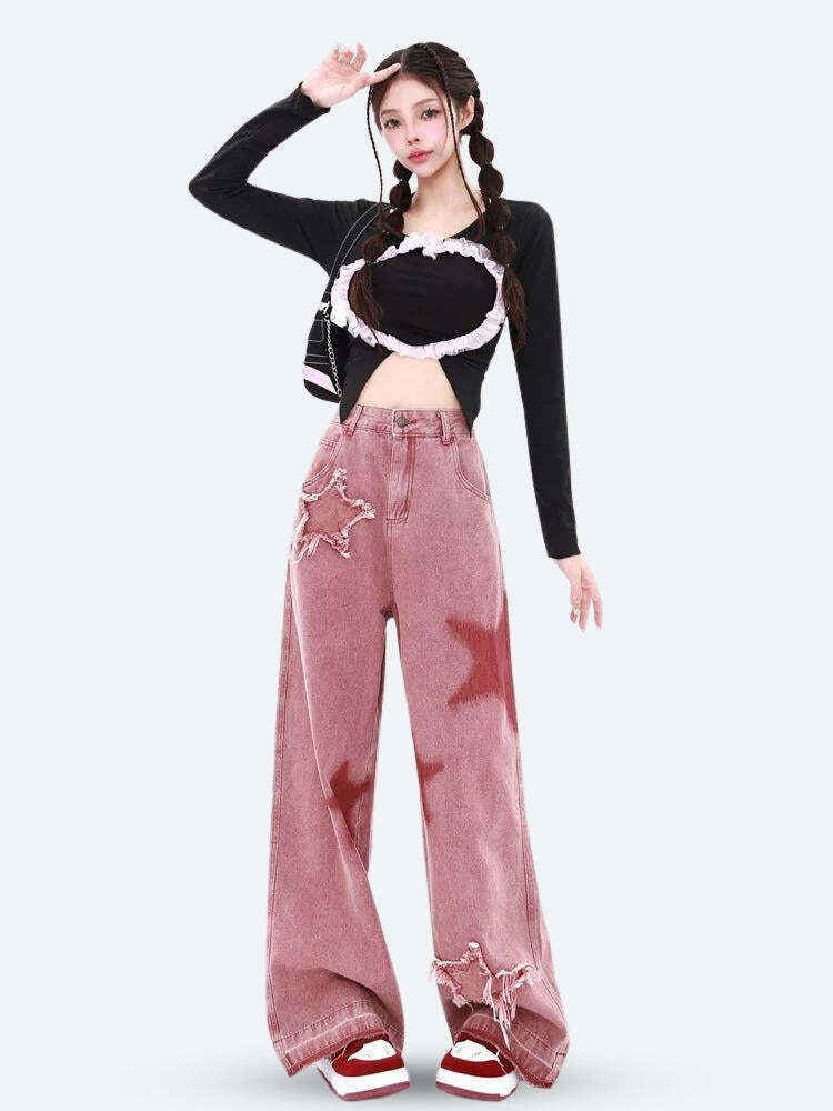 Y2K Grunge Star Denim Jeans - Coquette Aesthetic & Cute Style