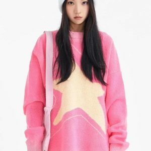 Y2K Grunge Star Distressed Oversized Sweater for Coquette Aesthetic