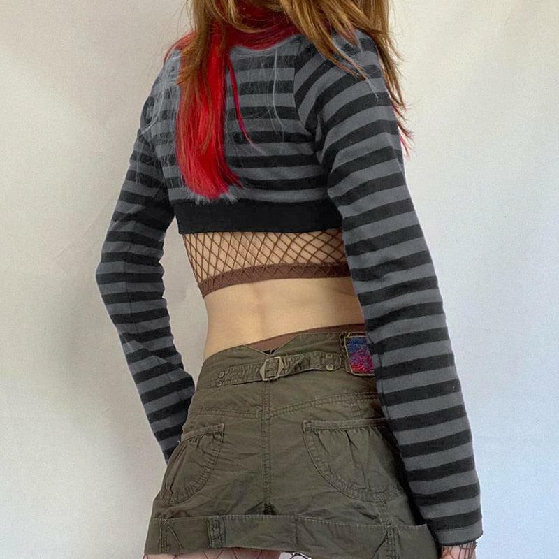 Y2K Grunge Striped Button-Up Crop Top for Coquette Aesthetic Outfits