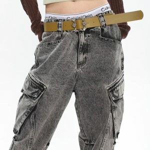 Y2K Grunge Style Distressed Cargo Jeans with Oversized Pockets