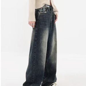 Y2K Grunge Style Distressed Wide Leg Jeans with Pockets for Trendy Looks