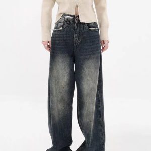 Y2K Grunge Style Distressed Wide Leg Jeans with Pockets for Trendy Looks